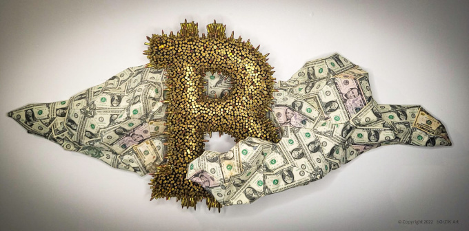 Bitcoin Cloud Attack sculpture with a brass Bitcoin symbol over a cloud of dollar bills